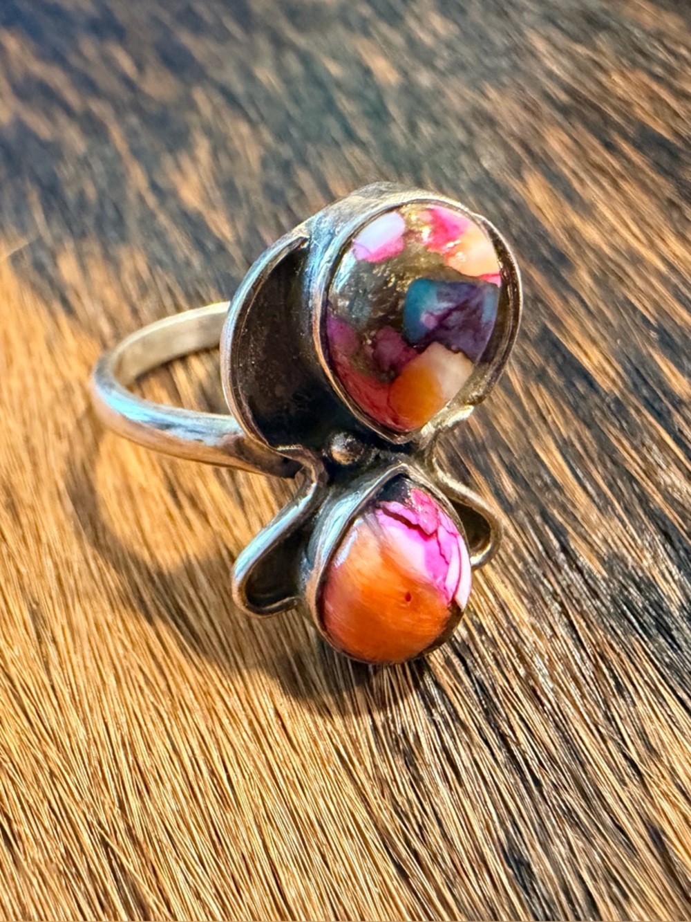 Sterling Silver Double Stone Multicolor Ring - Pink & Orange Inlay